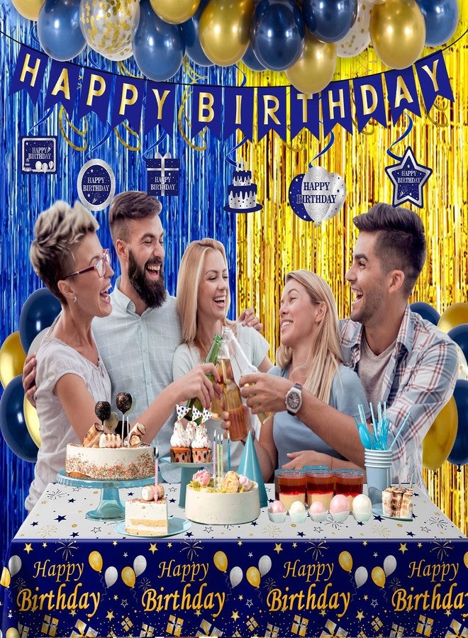 زينة عيد ميلاد باللونين الأزرق والذهبي للرجال والنساء، لافتة عيد ميلاد سعيد، لوازم حفلات عيد ميلاد له، خلفية، بالونات، مفرش طاولة، ستائر شراشيب من رقائق معدنية، ديكورات حلزونية معلقة للأولاد والبنات - Image 2